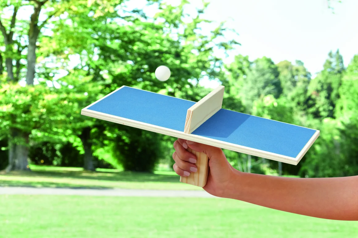 Eine Mini-Tischtennisplatte mit Ball in der Hand einer Person